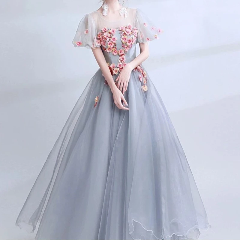 

New Spring Summer O-neck Puff Short Sleeve Evening Dresses Exquisite Flower Sequin Appliques Slim Vestidos Cascading Long Gown