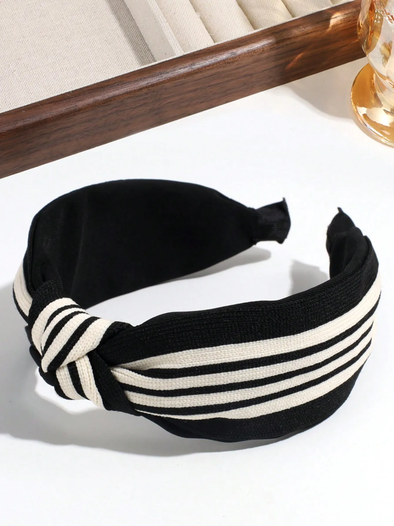 

Women's Black and Cream Striped Knotted Wide Headband for Daily Wear