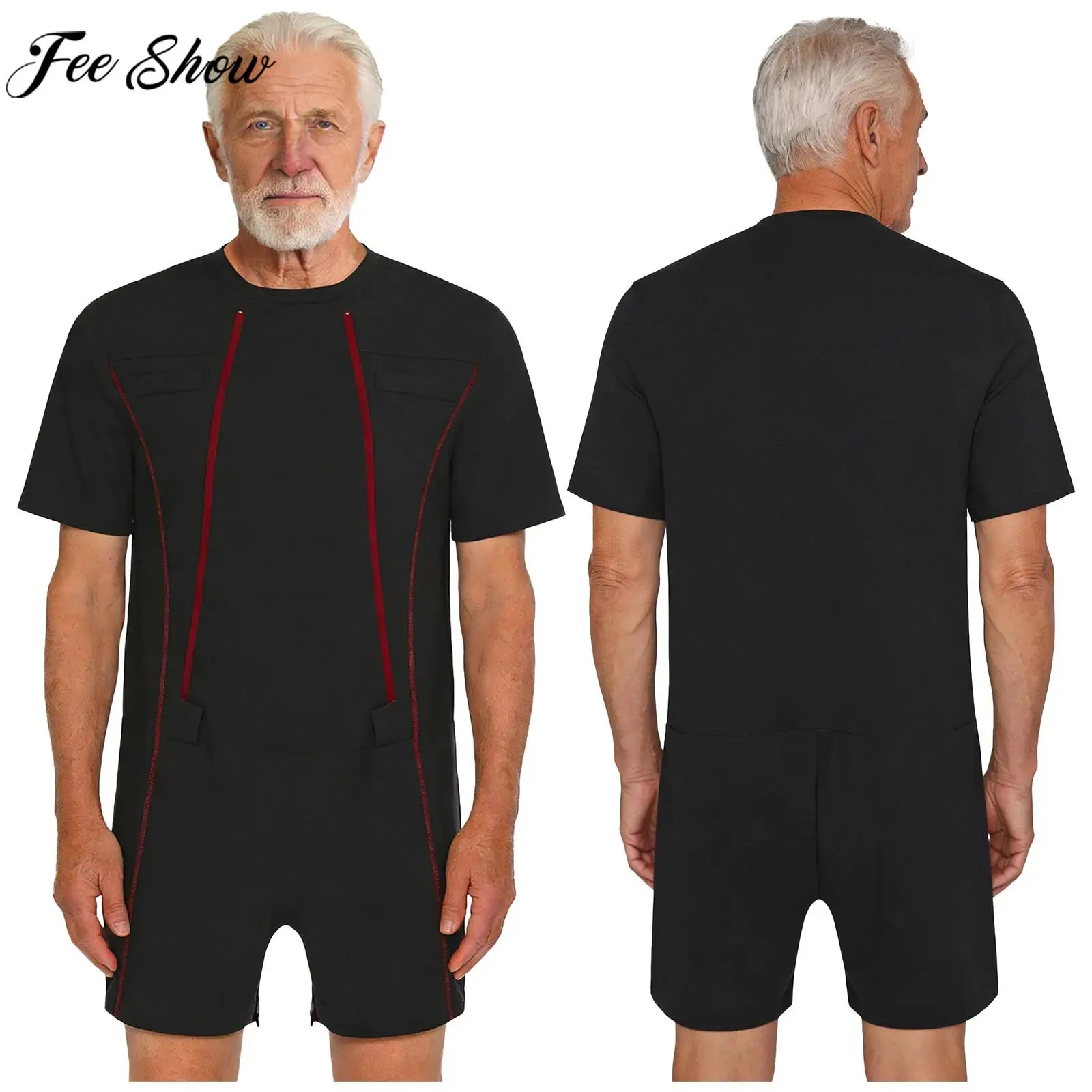 

Men Alzheimer Anti-strip Jumpsuit Elderly Dementia Special Needs Adaptive Clothing Front Crotch Zippers Bodysuit Daily Home Wear