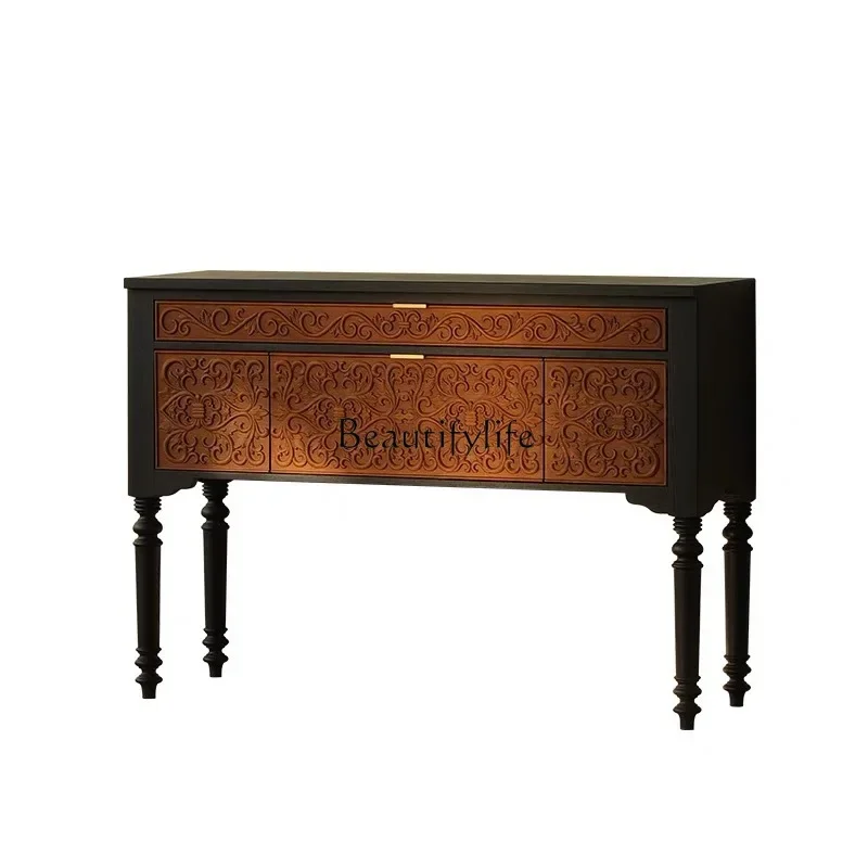 

FG44French solid wood retro solid wood entrance table living room contrasting color carved ash wood entrance cabinet