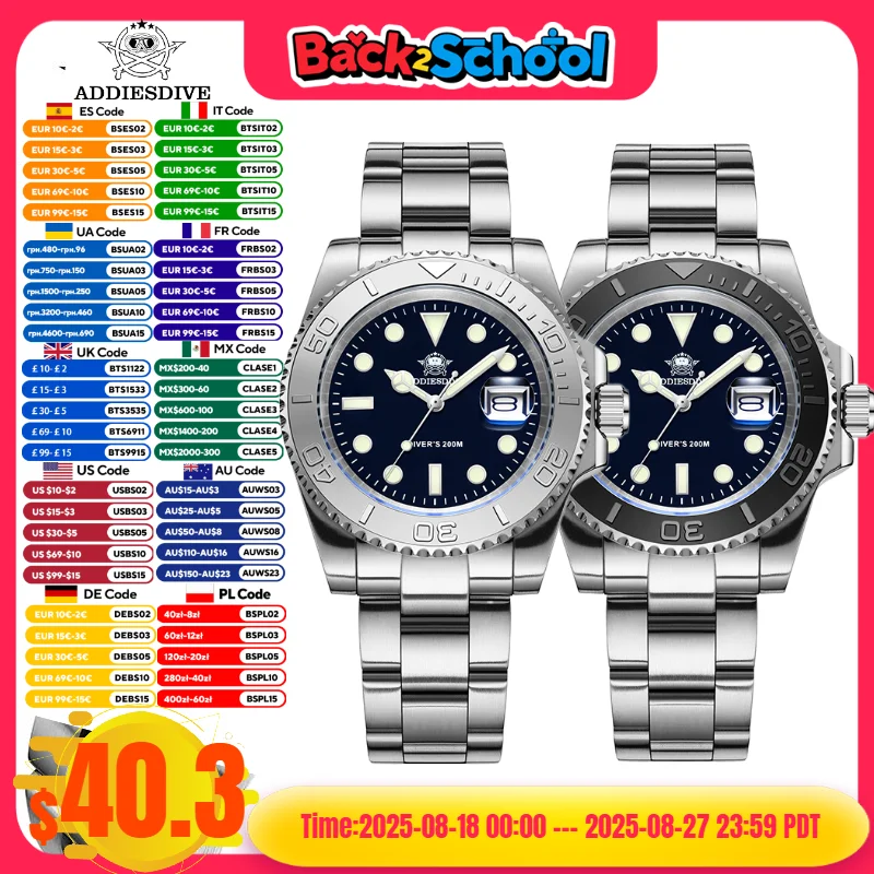 

ADDIESDIVE 41mm Watch For Men Luxury 316L Stainless Steel 20Bar Diving BGW9 Super Luminous Leisure montre homme Quartz Watches
