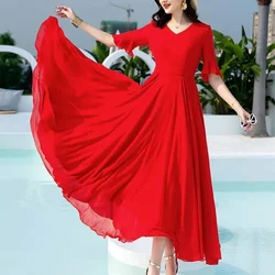 Summer Fashion New Korean Simple Elegant Mid Length Chiffon Dress Solid V-Neck Waist Zipper Patchwork Butterfly Sleeve Dresses
