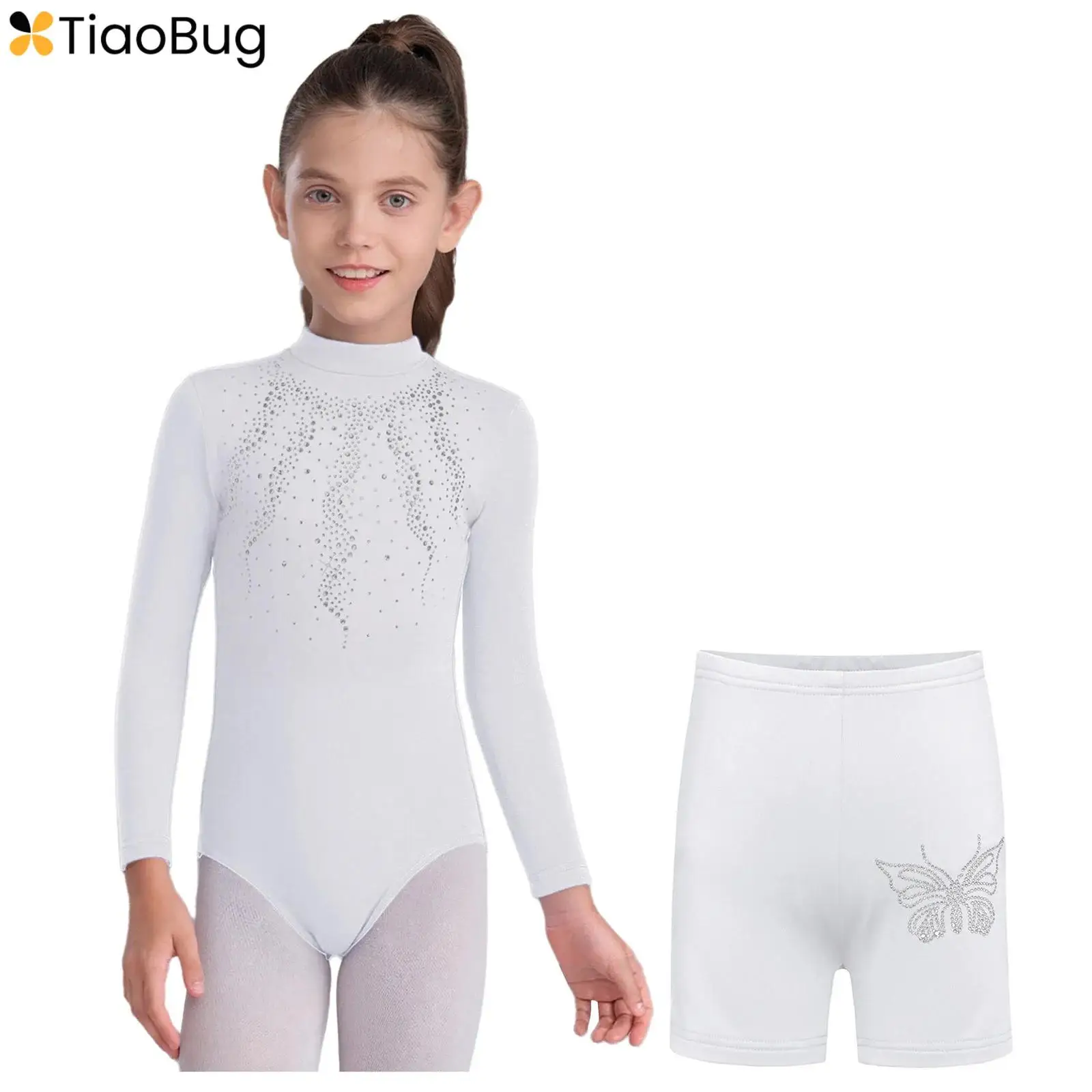 

Детский гимнастический комбинезон для девочек с блестящими стразами, с длинными рукавами, леотард + шорты, костюм для балета, танцев, фигурного катания, акробатики, йоги