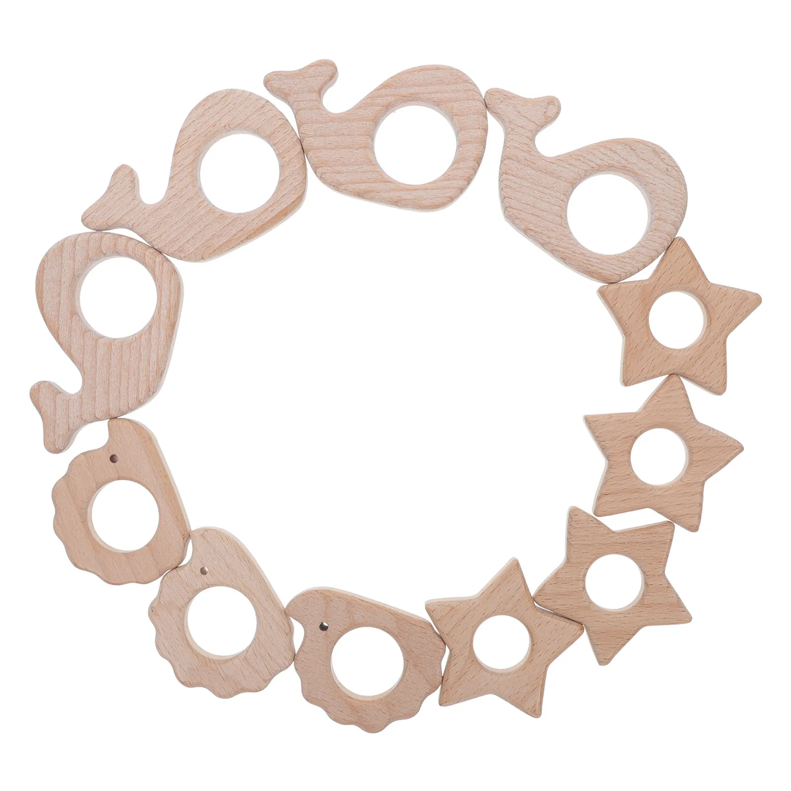 11Pcs Baby Wooden Chewable Teether Beech Wood Cartoon Shapes Soothe Biting Aid Promote Healthy Active Play Baby Wooden Teether