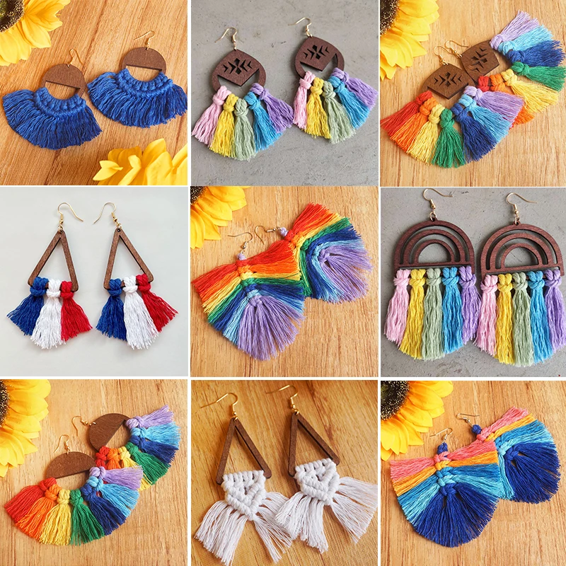 Rainbow Scalloped Fringe Wood Earrings Baroque Colorful Handwoven Exaggerated Carnival Big Earrings For Women