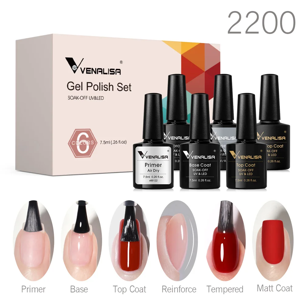 

VENALISA Super Glossy Tempered Top Coat 6pcs/kit 7.5ml Nowipe Nail Gel Soak Off UV LED Gel Ultra Matt Effect Top Coat Varnish