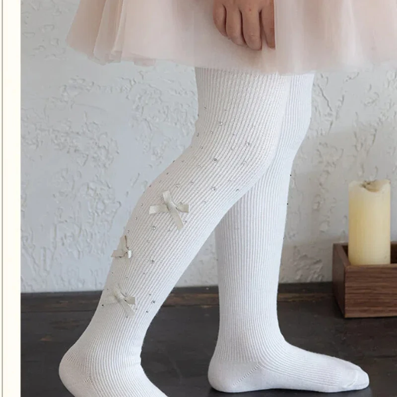 Cute Girls Footed Pantyhose Covered With Sparkly Rhinestones Decorated With Multiple Bows Soft High Elastic Skin-Friendly Tights
