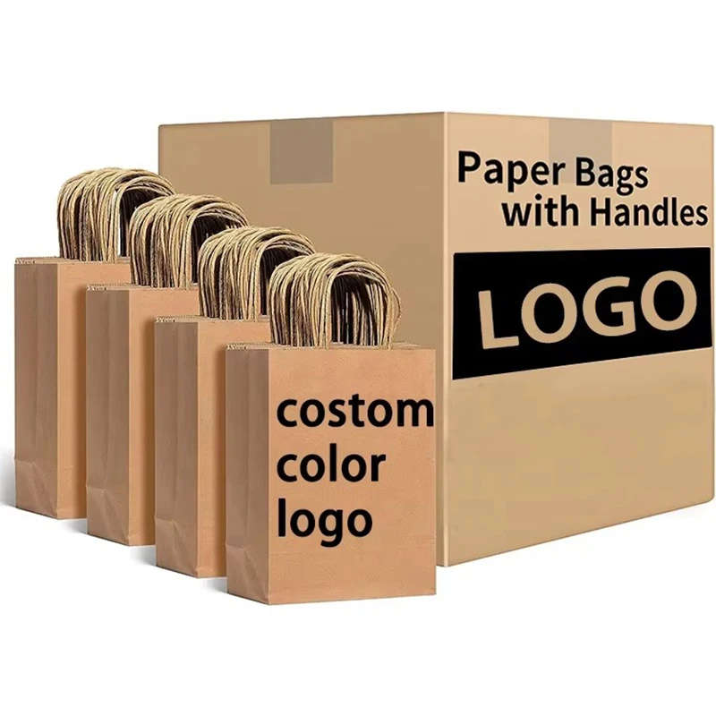 Custom Printing Logo Shopping Gift Handle Craft coffee Food Takeout restaurant Packaging Bag Black White Brown Kraft Paper Bag