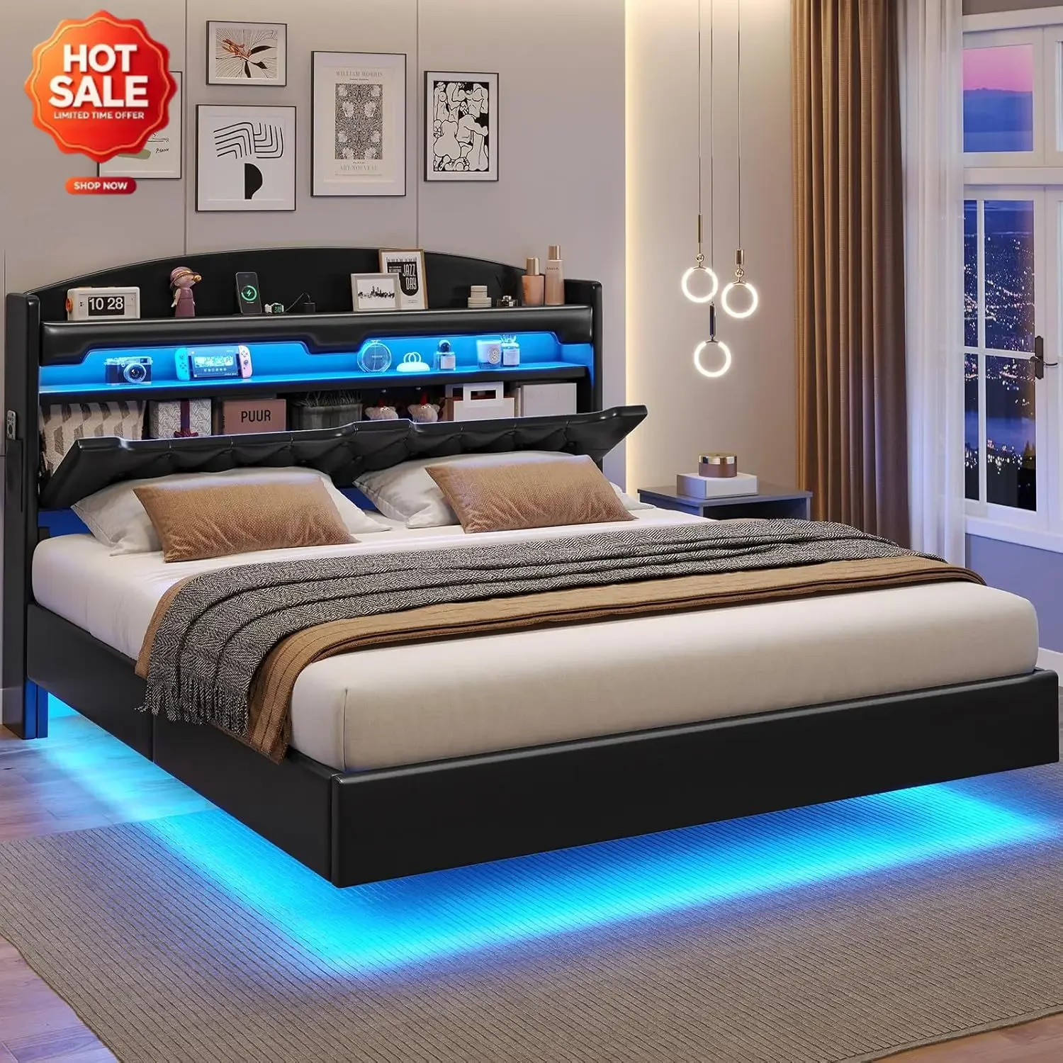 Floating Bed Frame Full Size with Hidden Storage Headboard, PU Black | Type-C Charging Station, RGB Floating Platform Bed, No Bo