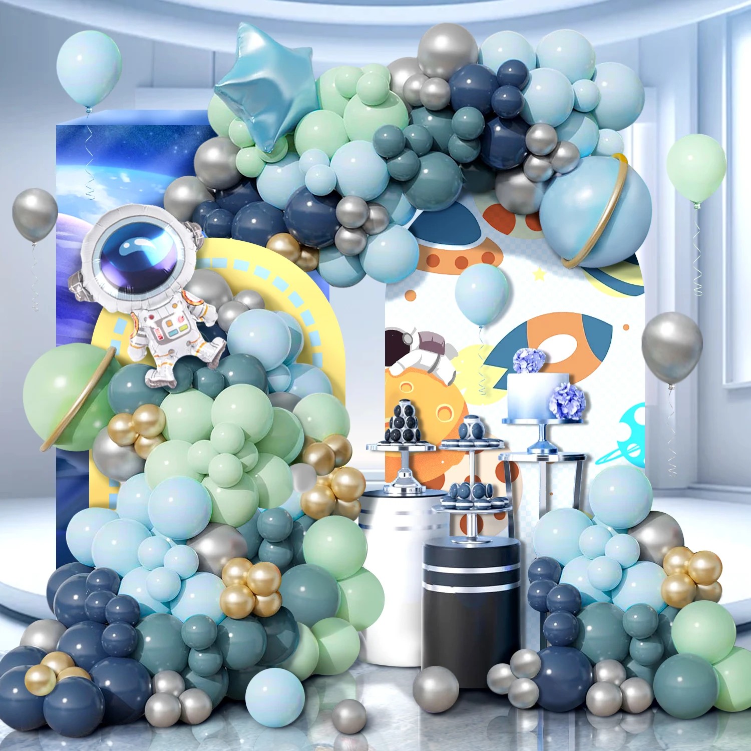 Juego de arco de globos con temática del espacio exterior de 120 piezas, estrella de cinco puntas de astronauta con globos plateados azul-verde, ideal para fiestas de cumpleaños con temática espacial para niños, baño de bebé, fiestas de baño, decoración de fiesta de ceremonia de graduación