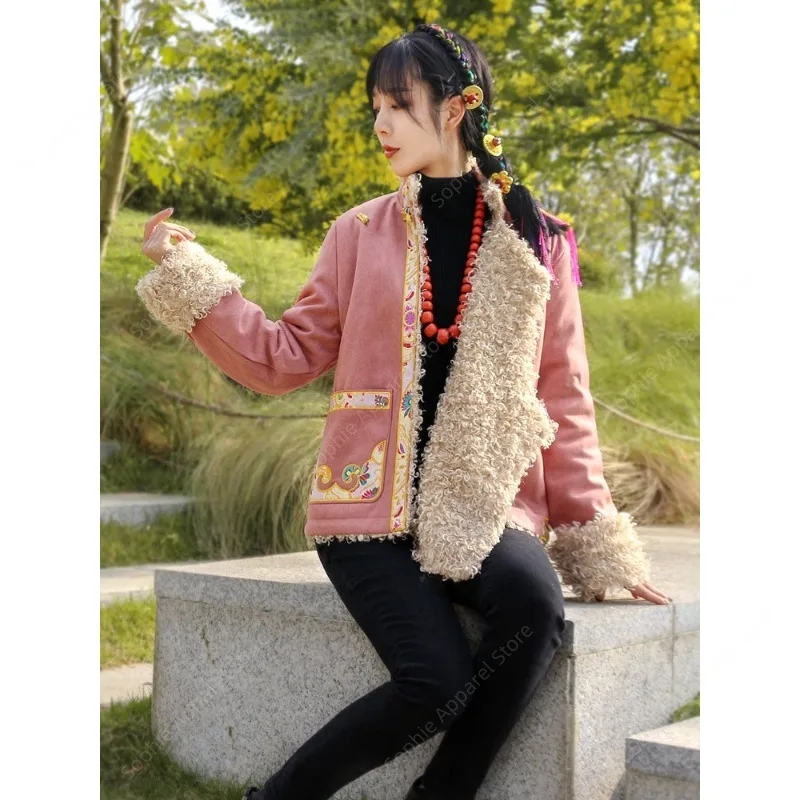 سترة نسائية شتوية على الطراز التبتي مطرزة طويلة الكومة للدفء رداء تبتي تقليدي ملابس لاسا العرقية