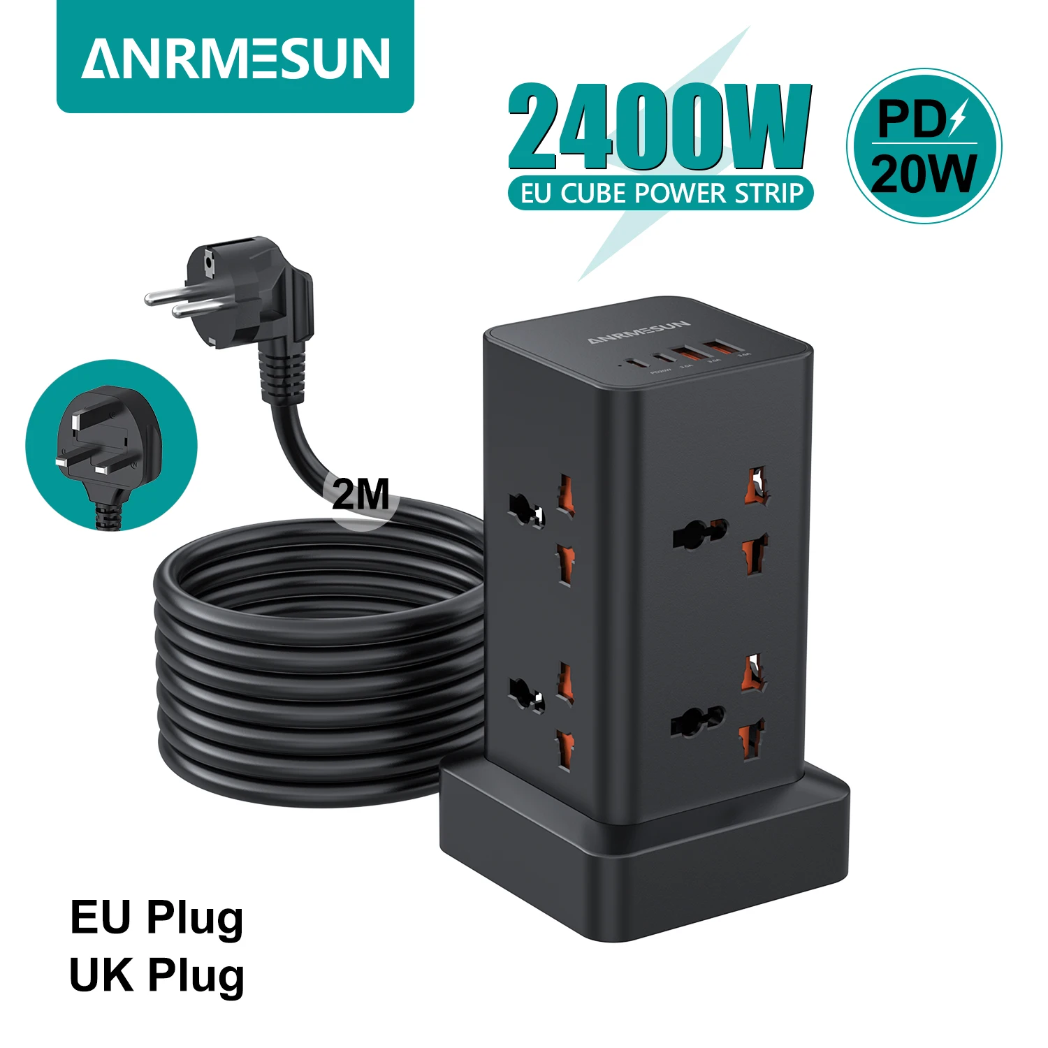 Tower Power Strip EU Plug Surge Protection 2 USB 2 Type C PD 20W Fast Charging Universal Multi Outlets Socket Extension