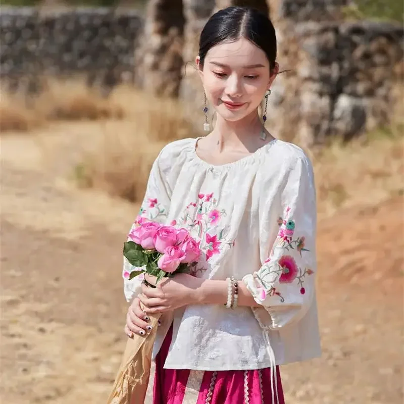 Style chinois fleur broderie chemise femmes été printemps coton lin Blouses ample à lacets gland Boho Blouse hauts courts