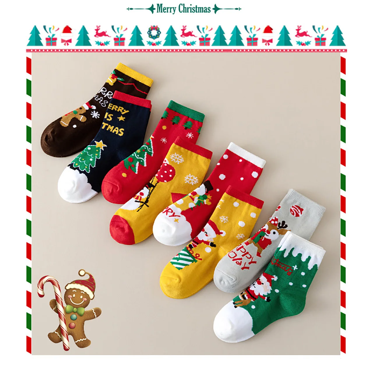 Christmas Socks Baby New Year Clothes Accessory Xmas Tree Reindeer Santa Claus Print Calf Sock Winter Warm Kids Cotton Sock 1-8Y