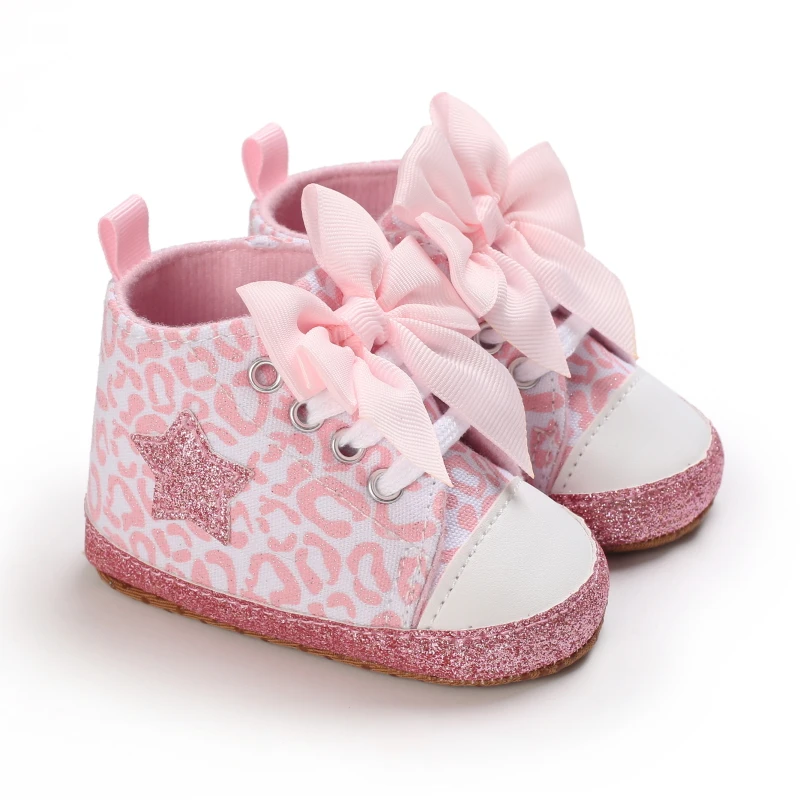 New Spring And Autumn Newborn Girl's Anti Slip Walking Shoes Female Baby's Bow Fashion Colorful Canvas High Top Sports Shoes