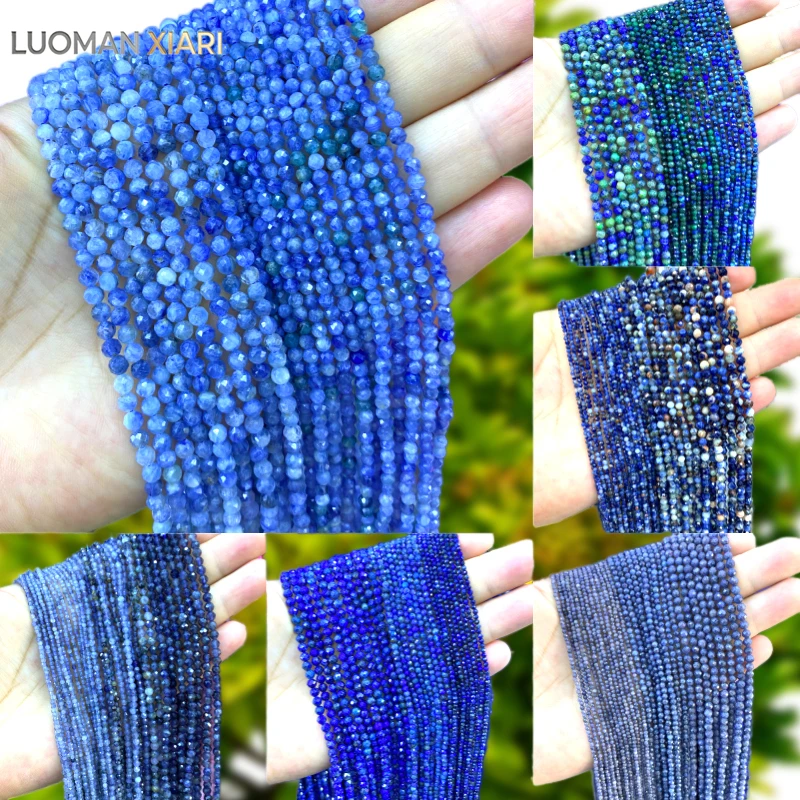 Perles d'espacement rondes en pierre naturelle facettée de 2, 3, 4 mm, cyanite bleue, saphir, lapis-lazuli, pour la fabrication de bijoux, bracelets DIY et accessoires