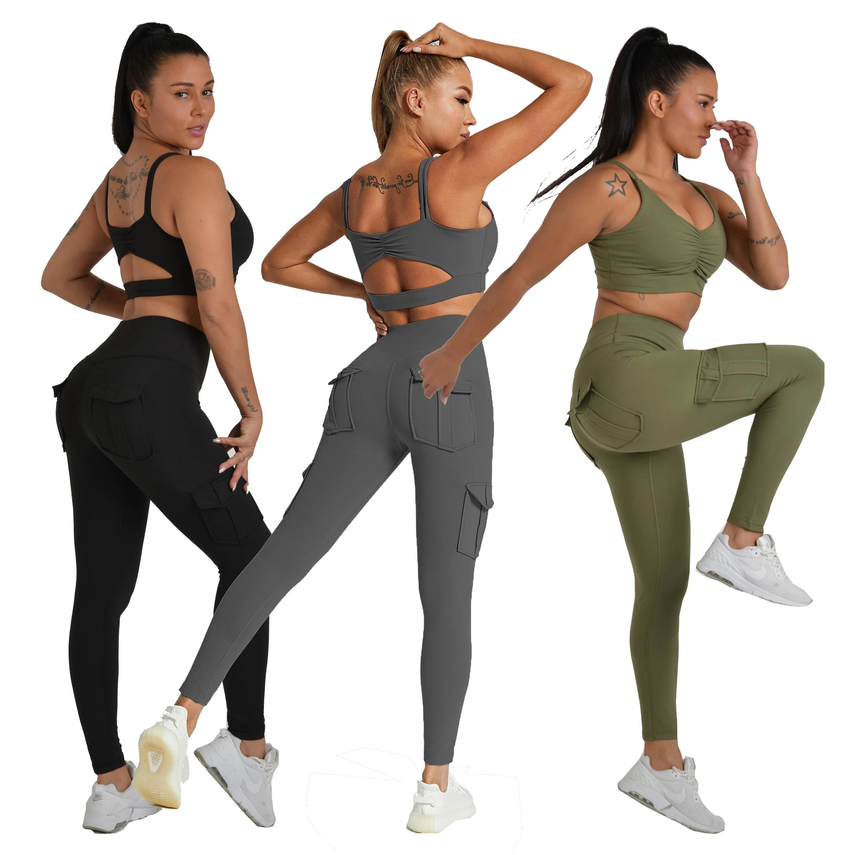 Women's High Waist Yoga Leggings with 4 Pockets,Tummy Control Workout Running 4 Way Stretch Cargo Pocket Leggings