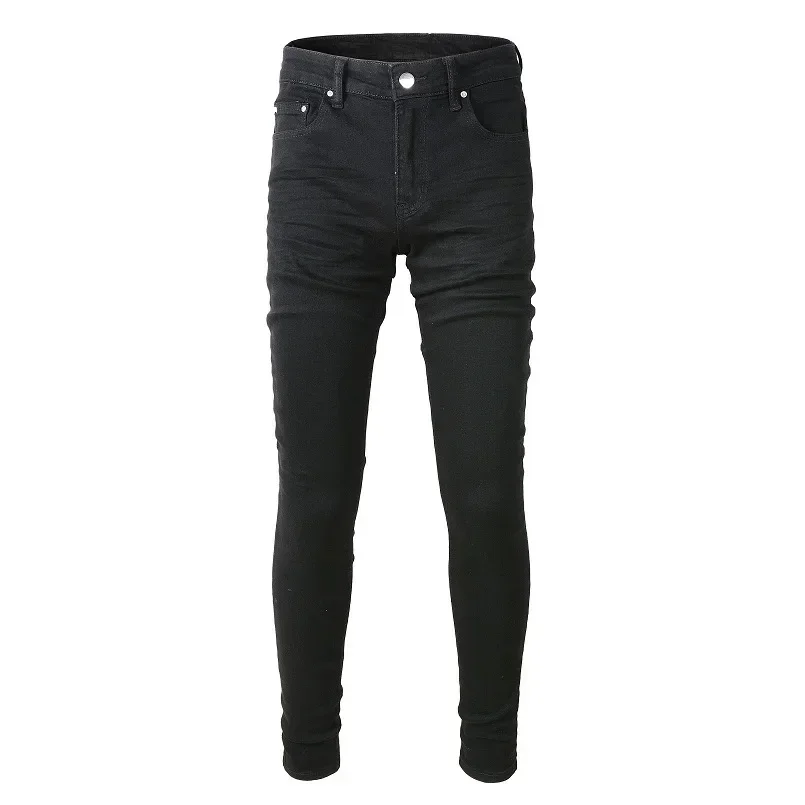 

Pop Men's 2024 New High-street Black Jeans. American-style Youth Wrinkled Elastic Slim-fit Ankle-length Casual Trousers.
