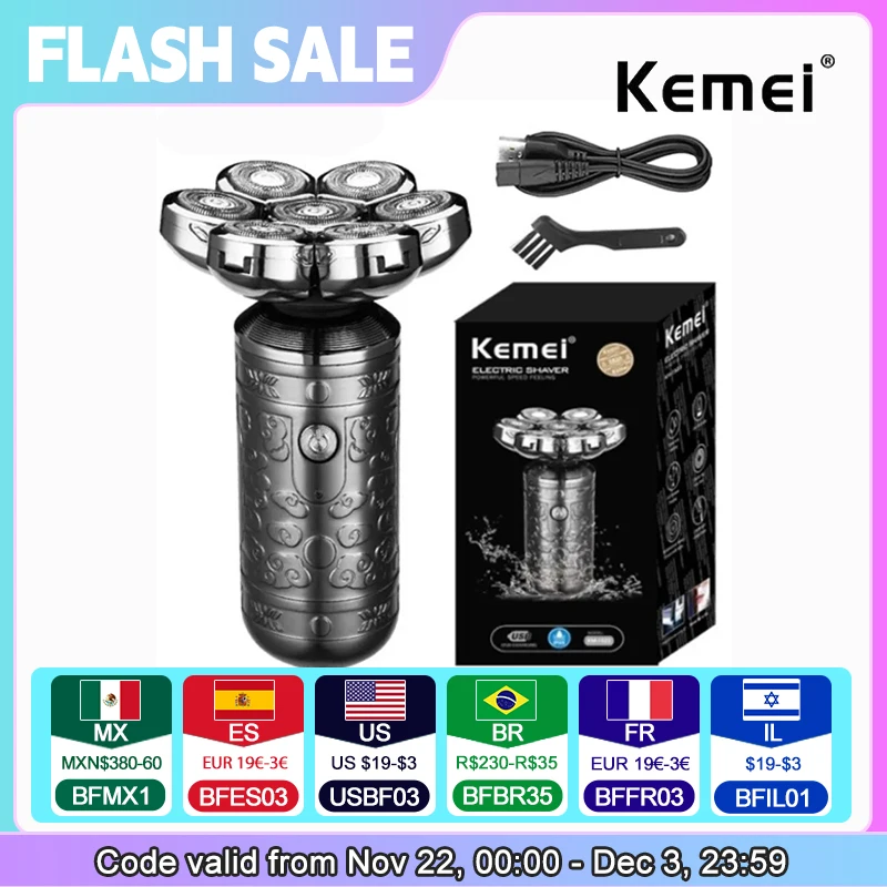 Kemei 7 blade rasoio elettrico professionale per capelli da barba per uomo testina ricaricabile rasoio elettrico macchina da barba calva guscio in