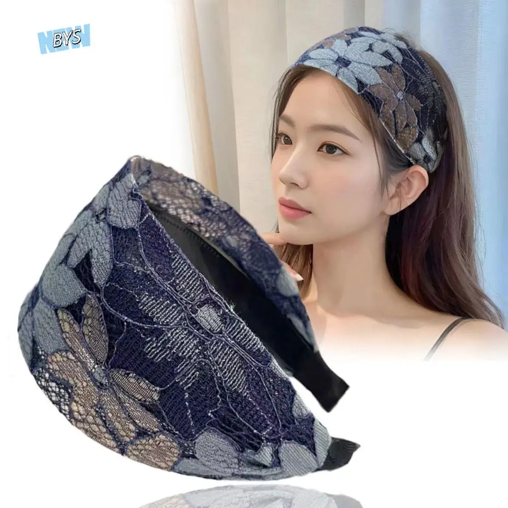 

Trendy Mesh Lace Embroidery headband Non-slip Spring Toothed Non-slip Hairband Flower Wide Women Hair Hoop Wash Face