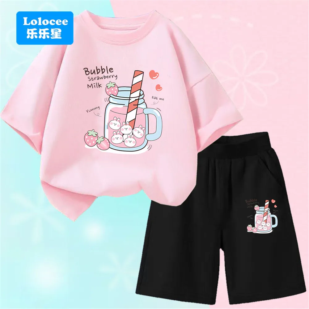 Summer Girls Outfit Set Two-piece Bubble Strawberry Milk Printed Fashionable Girl T-shirt+black/pink Shorts Kids Suits YLNN1