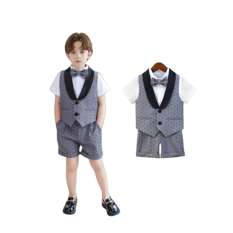 

Russia Kids Summer 3Pieces Vest Shorts Bowtie Wedding Birthday Outfit Boys Piano Host Performance Costume Children Party Dress