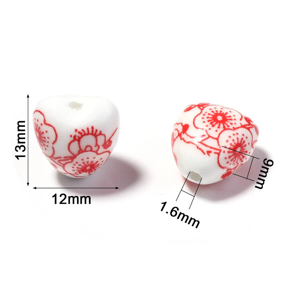 10pcs 12x13mm Heart Shape Flower Patterns Ceramic Porcelain Loose Crafts Beads For Jewelry Making DIY Bracelet Necklace Findings view 2