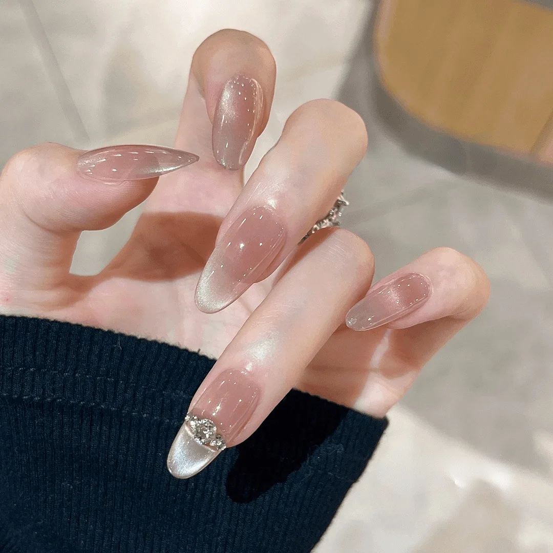 

10pcs Natural Handmade Nail Art Almond Fake Nails French Gentle Diamond Press on Nails Solid Color Cat Eye False Nails Minimalis