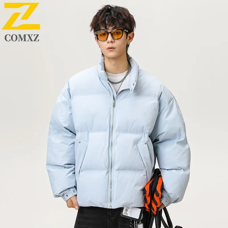 سترة COMXZ للرجال على الطراز الكوري مملوءة وياقة واقفة مريحة وسترات شتوية خفيفة الوزن ومريحة ذات لون سادة #3