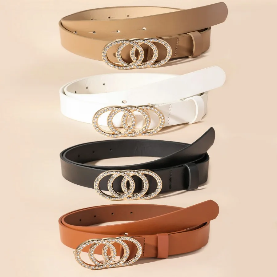 Ladies' waist belt with a three-loop buckle, decorated with golden rhinestones. It features a simple and fashionable style and c