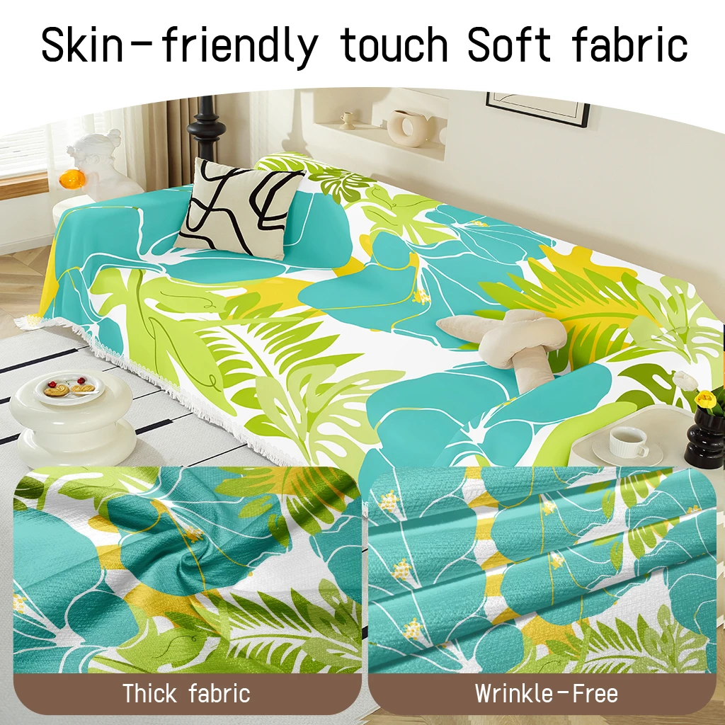 1pc Tropical Leaf Sofa Cover, Hibiscus Flower Couch Throw, Soft Washable Protector with Tassels