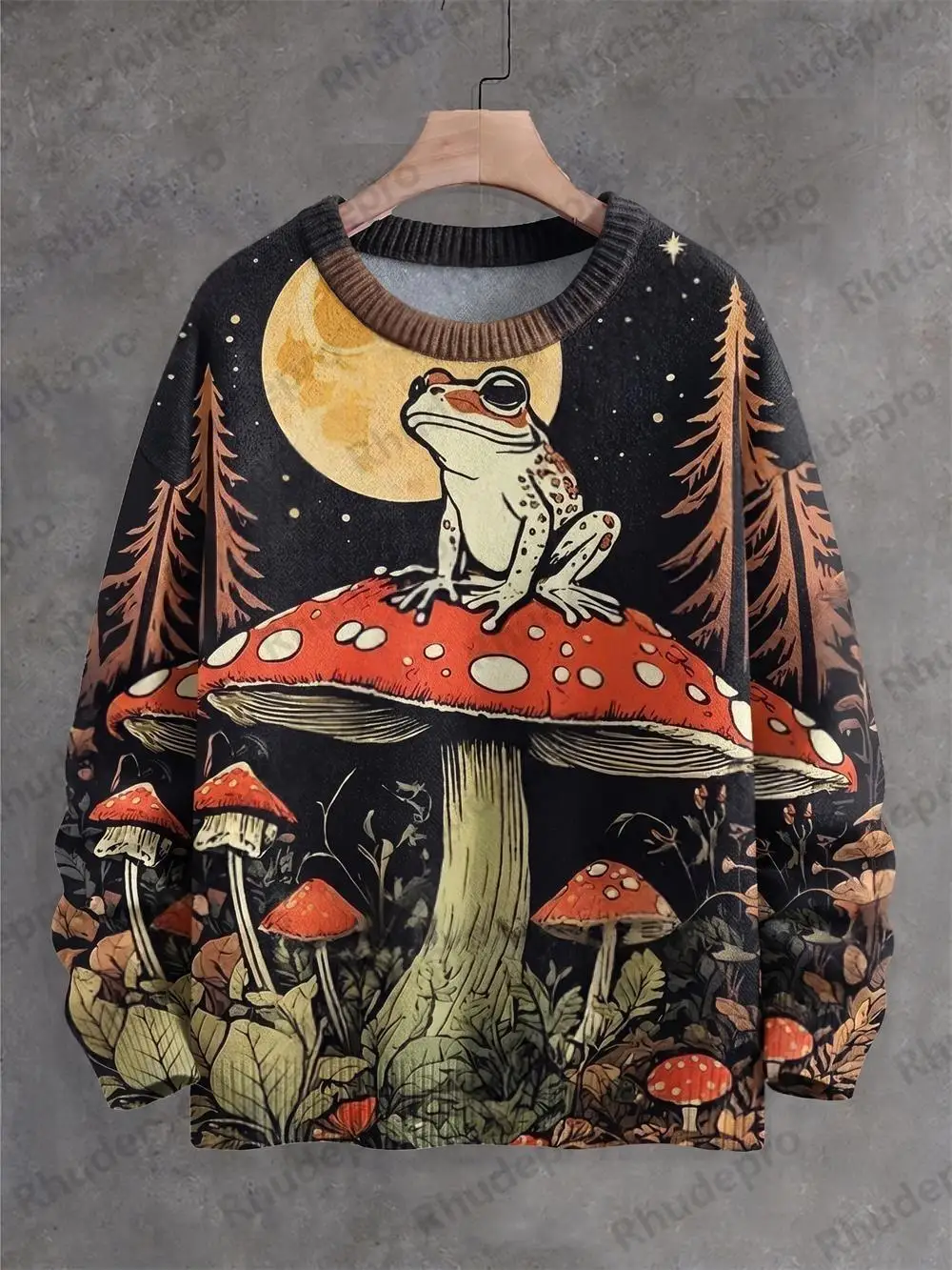 Vintage Frog Mushroom Night Sky Art Pattern 3D Printed Men's Knitted Pullover Winter Unisex Casual Knit Pullover Sweater