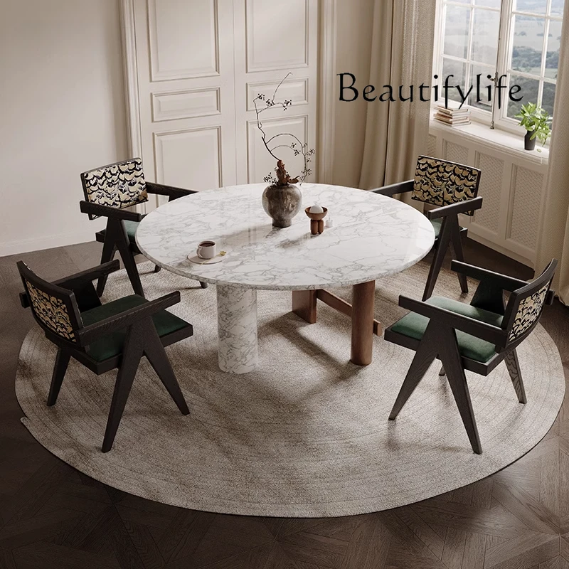 French retro creative dining table large flat-floor villa round marble dining table