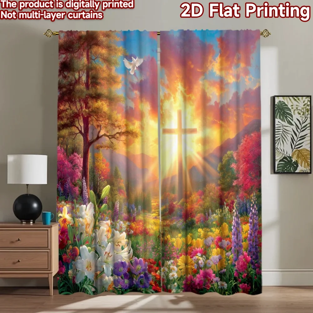 2D flat printing 2pcs Window Drapes Easter Lily Cross Dove Sunrise Digital Printed Polyester Drapes Holiday Decorations for New