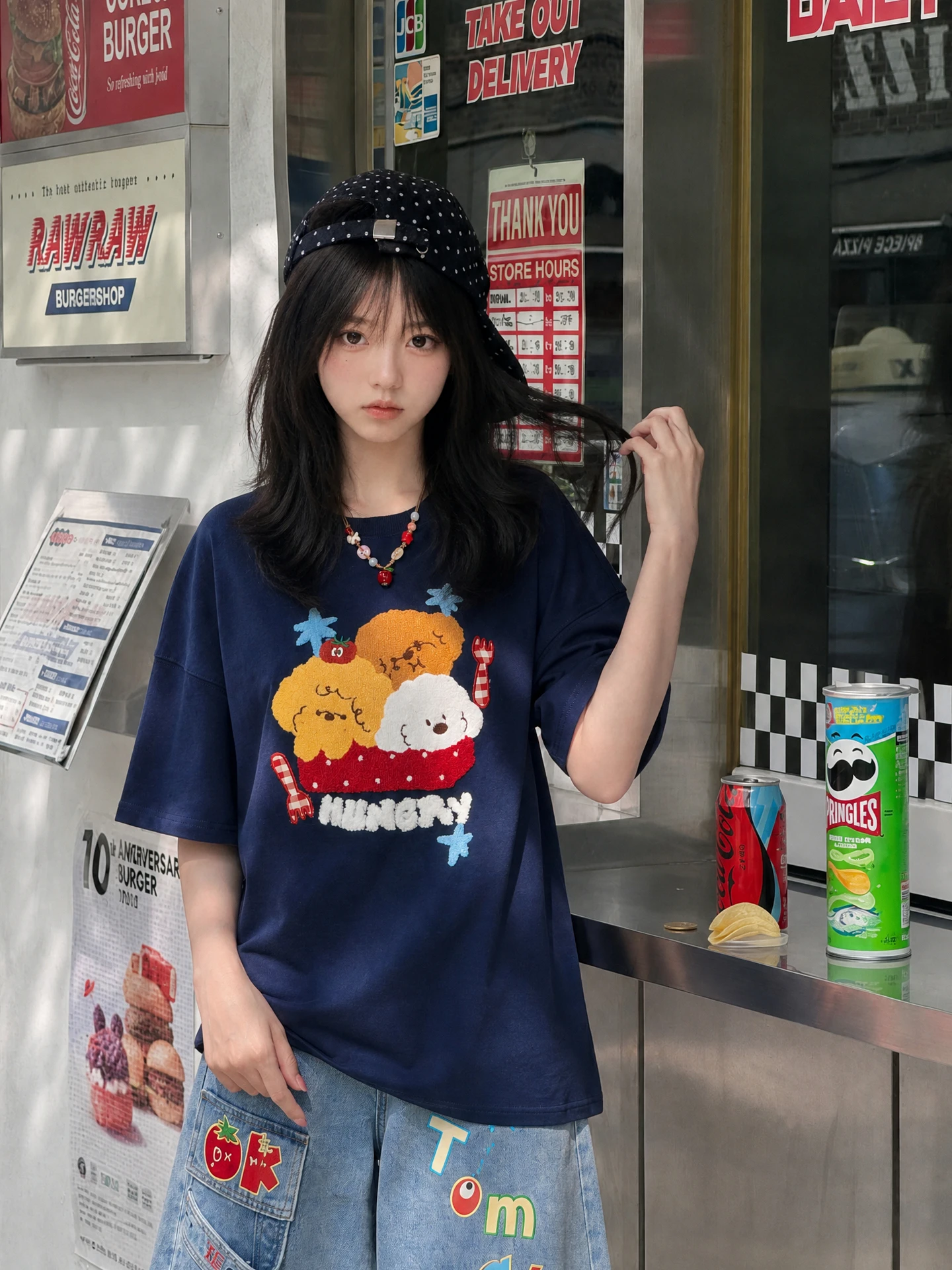 Loose Short Sleeve round Neck Women's T-shirt Embroidered Dog Towel Design Cotton Breathable Summer Fashion College Style