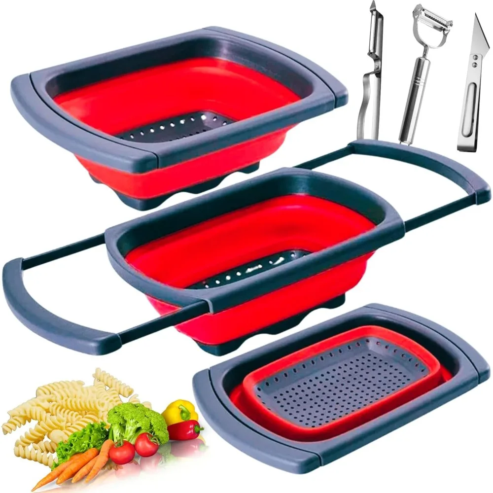 

Collapsible Silicone Over-the-Sink Colander – 6-Quart Foldable Strainer with Extendable Handles & 3 Bonus Peelers, Perfect for V