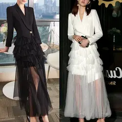 European Style Evening Party Long Dress Women's Mesh Patchwork Long Sleeved Elegant V Neck Ruffles Suit Dresses G314