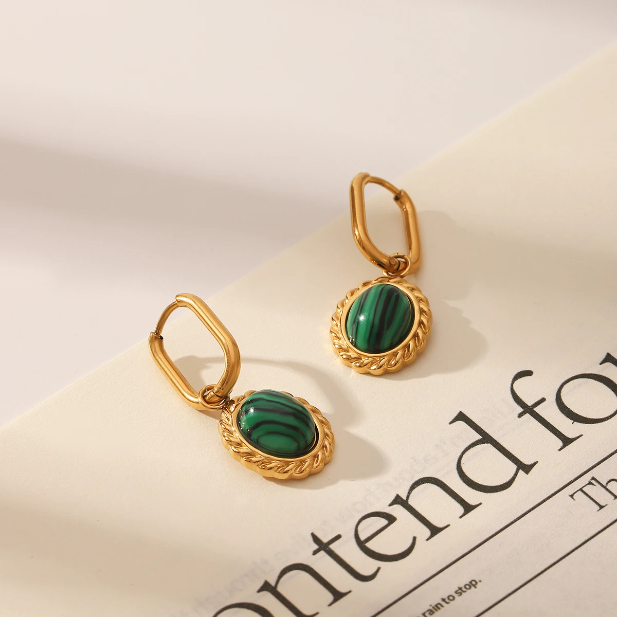 

Vintage Malachite Drop Earrings Women's Gold Plated Hoop Earrings Hypoallergenic Waterproof Casual Statement Jewelry