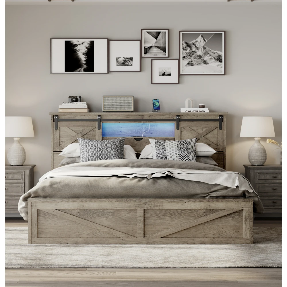 

Farmhouse King/Queen Bed Frame with LED, Charging,2 Drawers & Rustic Barn Door Headboard