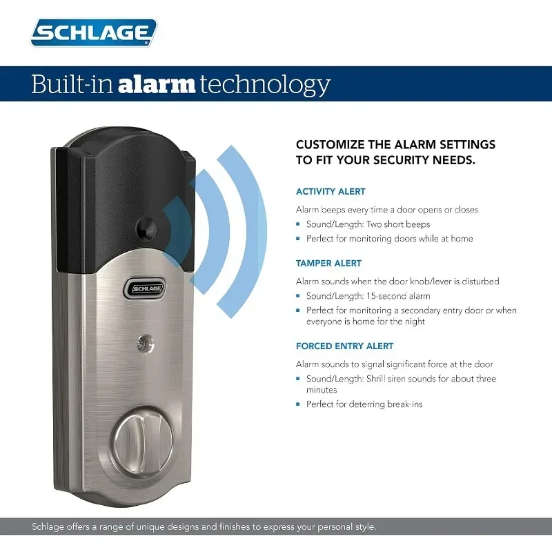 ضمان الأصالة.SCHLAGE BE469ZP CAM 619 قم بتوصيل Smart Deadbolt مع إنذار مع حواف Camelot من النيكل الساتان، Z-Wave Plus #4