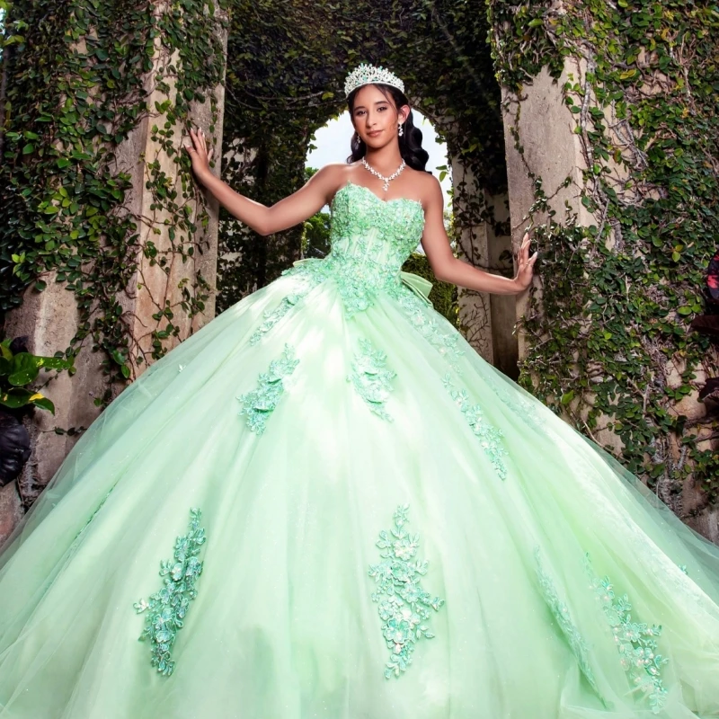 

Green Ball Gown Quinceanera Dresses Off The Shoulder Applique Lace Beads Bow Tull Party Birthday Sweet 16 Dress Vestidos 15 De