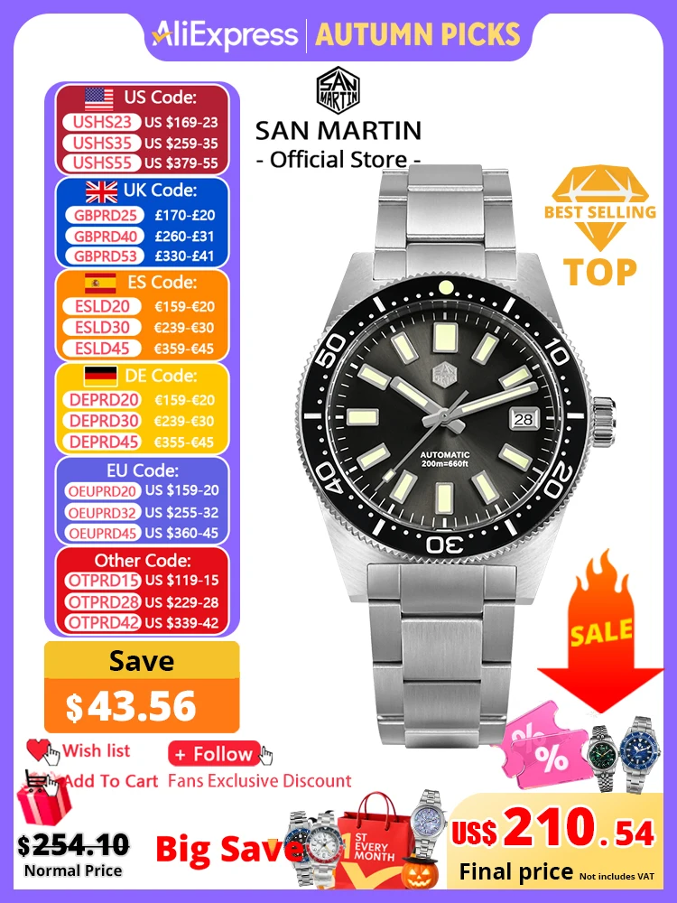 San Martin 62mas Diver Watch 39mm Classic NH35 Men Automatic Mechanical Watches Sapphire Waterproof 200m  SLN C3 Luminous SN0007