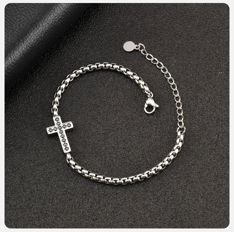 Vnox Edelstahl-Kreuzarmbänder für Männer und Frauen, schwarzes CZ-Armband mit christlicher Kastenkette, verstellbar, silberfarben, Schmuckgeschenke – Detail 5