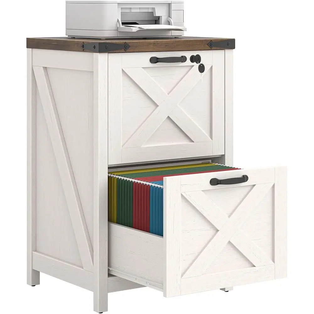 Rustic White 2-Drawer File Cabinet with Lock, Home Office Storage, Letter and A4 Size, Printer Stand, Under Desk Wooden File Cab