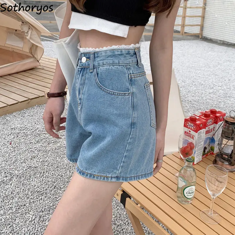 Wide Leg Shorts Women Denim Loose Girlish Lace Fashion Summer Streetwear Washed All-match Y2k Sexy Classic Korean Style Clothing