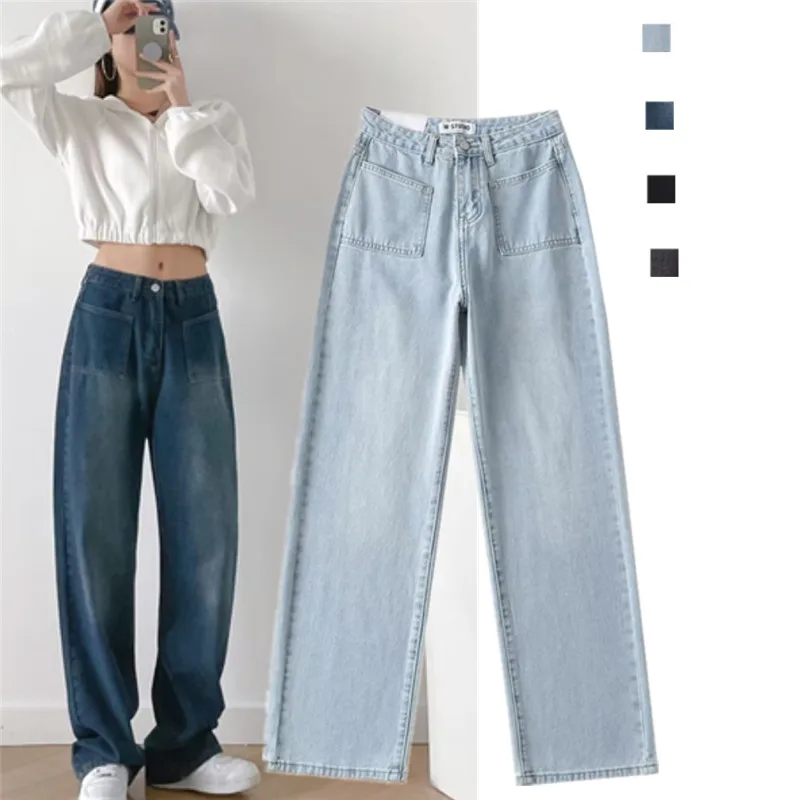 

American Retro Wide Leg Jeans Front ket Straight Leg Pants for Pear aped Body Slimming Effect Trendy Deep Color Jeans