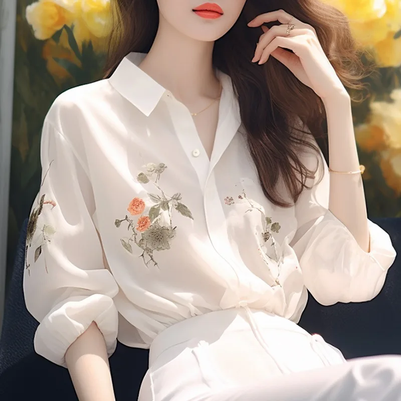 Chiffon Women\'s Shirts Printed Casual Blouses Spring/Summer Fashion Clothing Loose Long Sleeves Women Tops