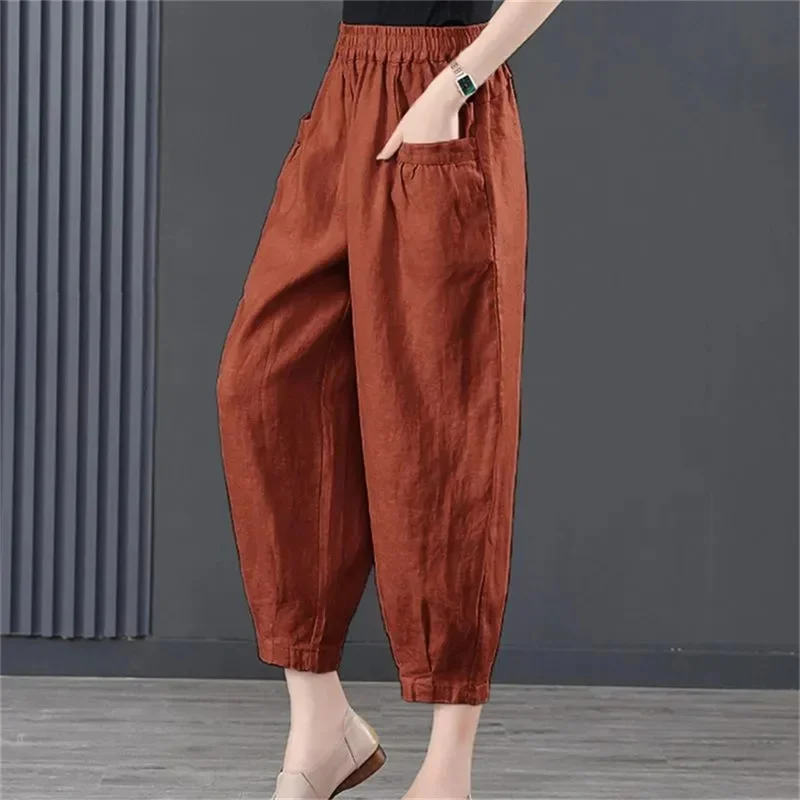 

Cotton Linen Cropped Pants For Women Elastic High Waisted Lantern Pants With a Hanging Feeling 2024 Summer Loose Haren Pants New