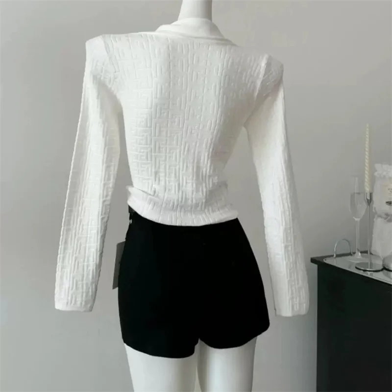 Sweter damski z dekoltem w serek, żakardowy, z wstążką, długi rękaw, dzianina, topy, wiosna-jesień, designerski, pulower, 2026