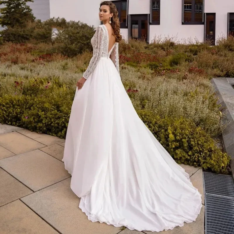 Vestido de novia blanco de manga larga con cuello en V, apliques de encaje, gasa, sexy, Espalda descubierta, personalizado